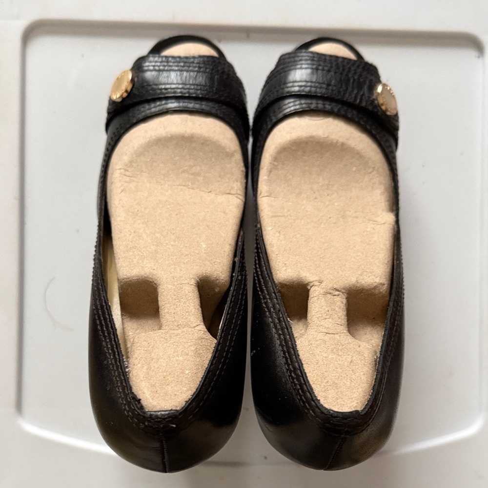 Michael Kors Black Leather Peep-Toe Heels with Gold Accent